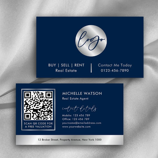 Navy & Silver Logo Sales Agent Realty QR Code Business Card (Elegant navy blue and silver QR code & logo business cards for corporate professionals & realtors)