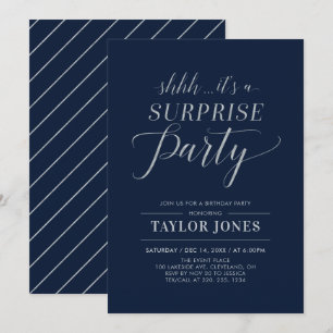 Navy & Silver   Modern Surprise Birthday Party Invitation