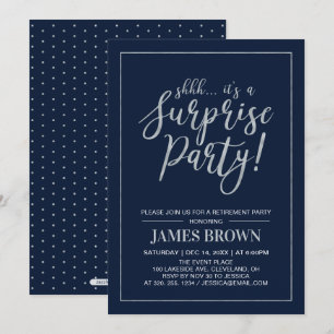 Navy & Silver   Modern Surprise Retirement Party Invitation