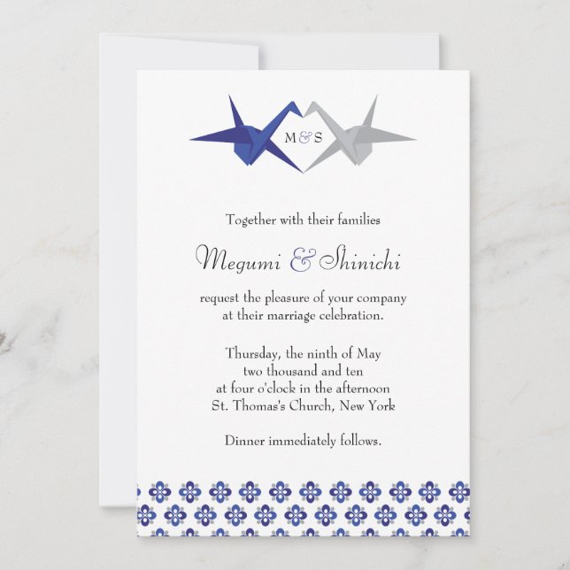 Navy / Silver Origami Cranes Wedding Invitation (Front)