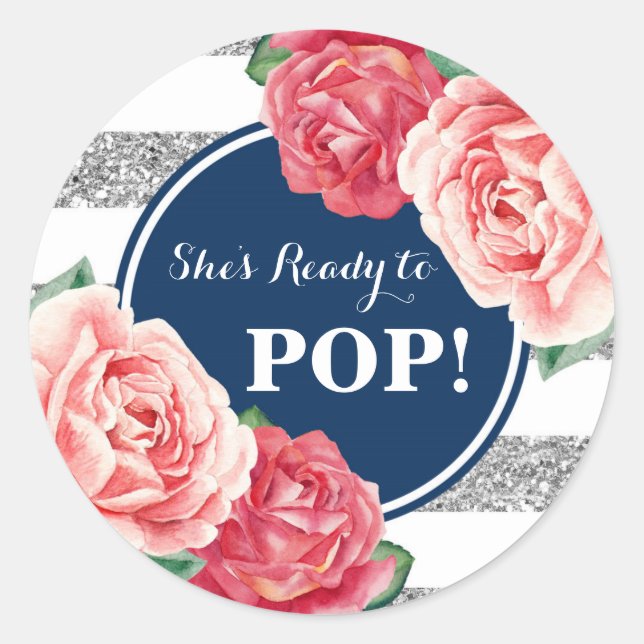 Navy Silver Pink Floral Baby Shower Ready to Pop Classic Round Sticker (Front)