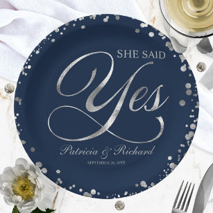 Navy Silver She Said Yes Engagement Party Paper Plate