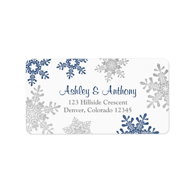 Navy Silver Snowflake Wedding Return Address Label (Front)