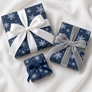 Navy Silver Snowflake Winter Wonderland Pattern Wrapping Paper
