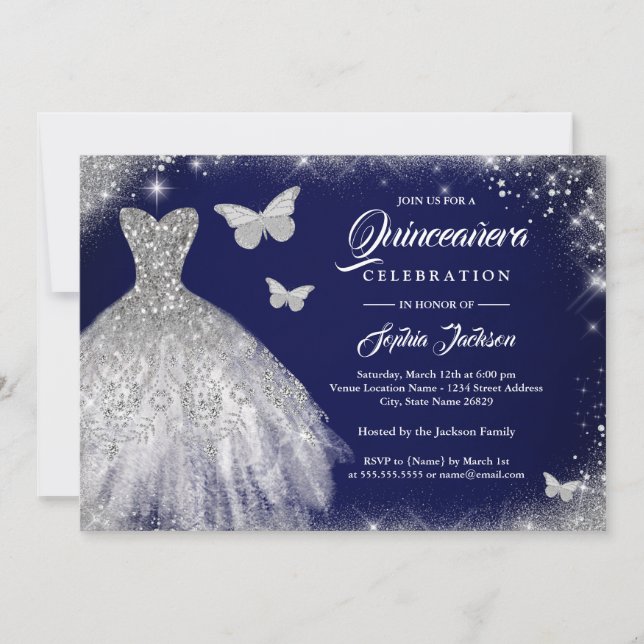 Navy Silver Sparkle Dress Butterfly Quinceanera  Invitation (Front)