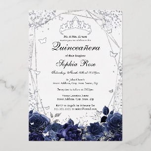 Navy Silver Sparkle Flower Tiara Quinceanera