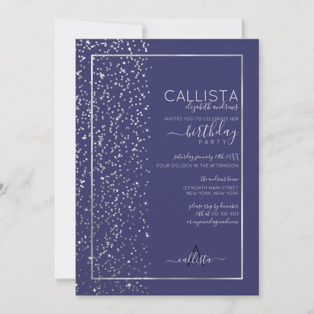 Navy Silver Sparkly Glitter Confetti Side Birthday Invitation (Front)