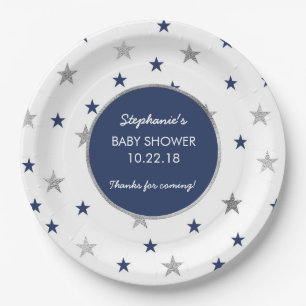 Navy Silver Stars Twinkle Baby shower decor Paper Plate