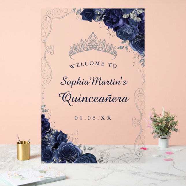 Navy Silver Swirl Floral Quinceanera Acrylic Sign (Wedding)