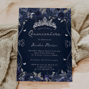 Navy Silver Swirl Scroll Floral Quinceanera