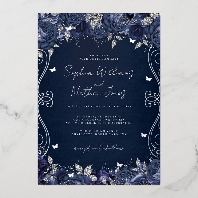 Navy Silver Swirl Scroll Wedding  (Front)