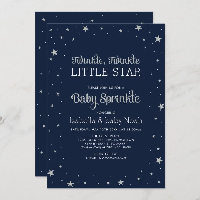 Navy & Silver | Twinkle Little Star Baby Shower Invitation (Front/Back)