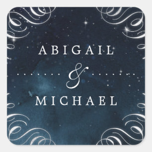 Navy silver vintage calligraphy glam wedding square sticker