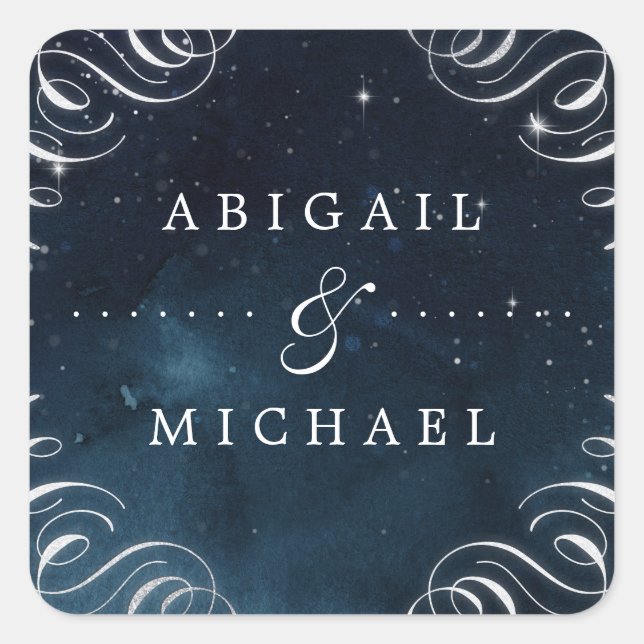 Navy silver vintage calligraphy glam wedding square sticker (Front)