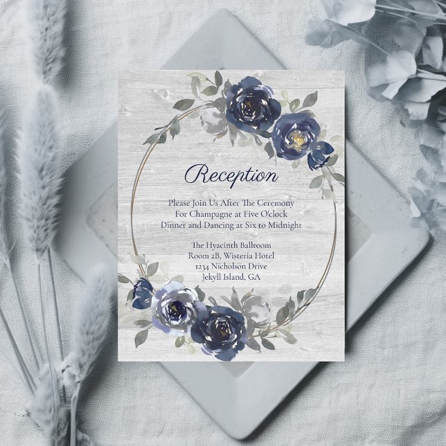 Navy Silver Watercolor Floral Wedding Reception Enclosure Card (Creator Uploaded)