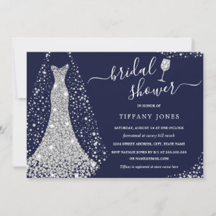 Navy Silver Wedding Dress Bridal Shower  Invitation