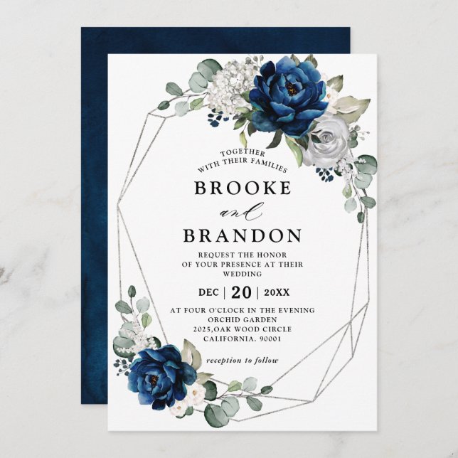 Navy Silver White Ivory Geometric Wedding Invitation (Front/Back)
