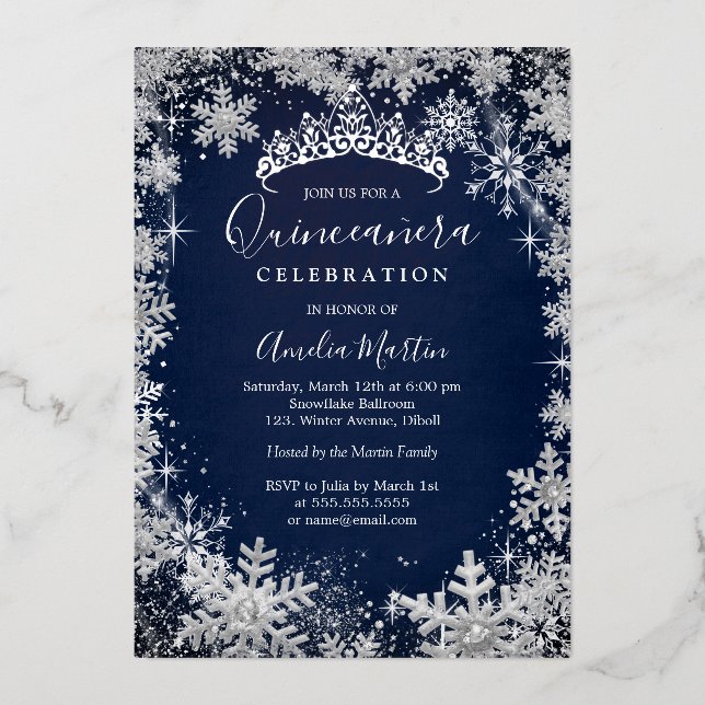Navy Silver Winter Snowflake Quinceanera (Front)