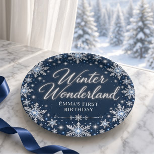 Navy Silver Winter Wonderland Birthday Paper Plate