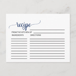 Navy Simple Calligraphy Bridal Shower Recipe Cards