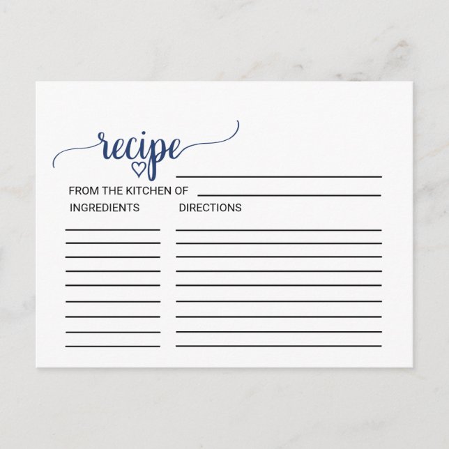 Navy Simple Calligraphy Bridal Shower Recipe Cards (Front)