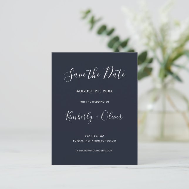 Navy Simple Calligraphy Modern Wedding  Announcement Postcard (Standing Front)