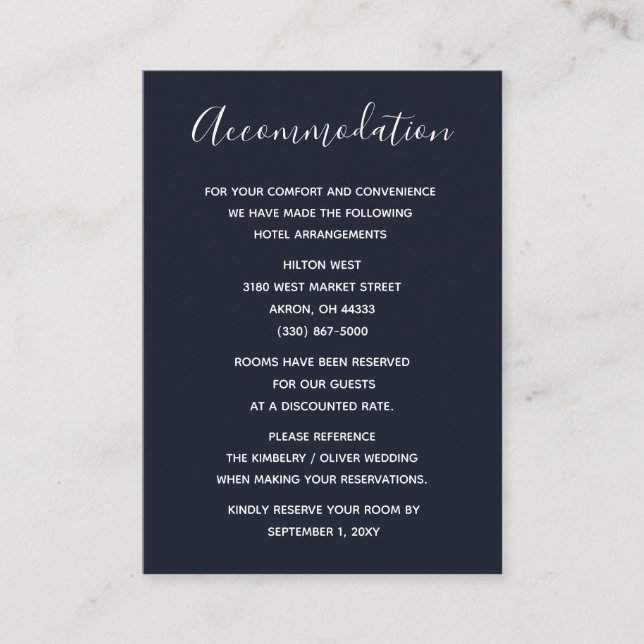 Navy Simple Calligraphy Modern Wedding  Enclosure Card (Front)