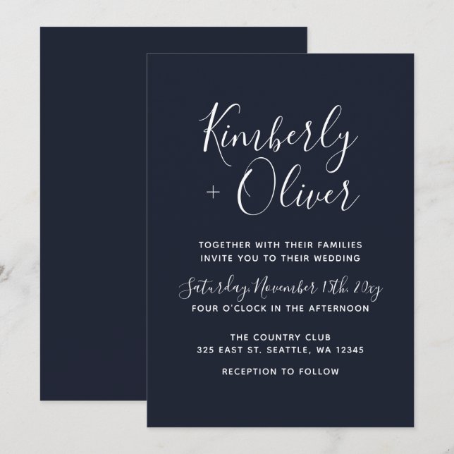 Navy Simple Calligraphy Modern Wedding Invitation (Front/Back)