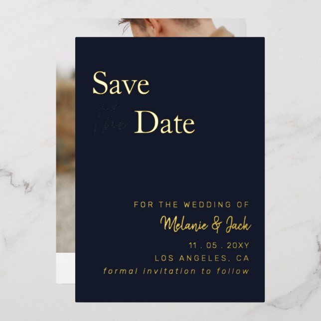 Navy Simple Calligraphy Photo Save The Date (Front/Back)