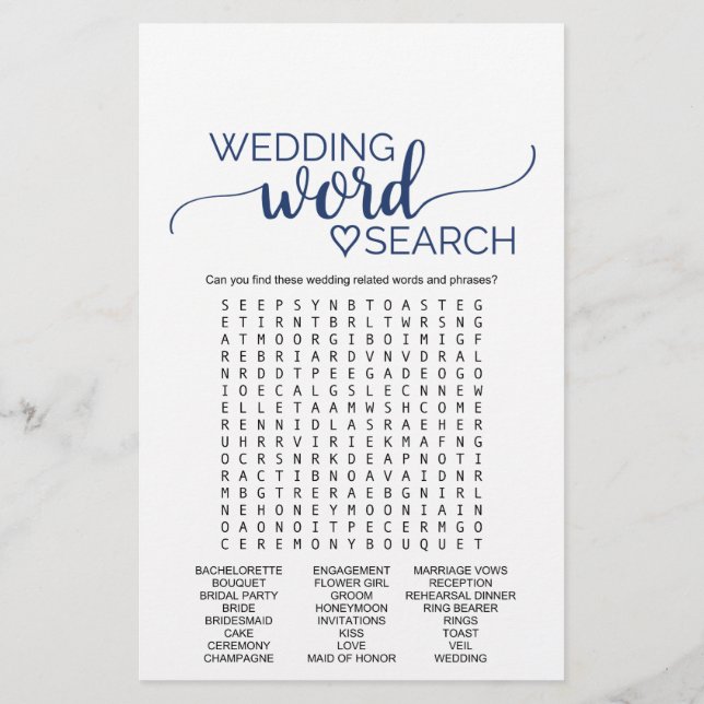 Navy Simple Calligraphy Wedding Word Search Game Flyer (Back)