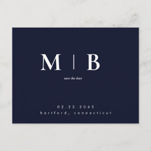 Navy Simple Contemporary Monogram Save the Date Postcard