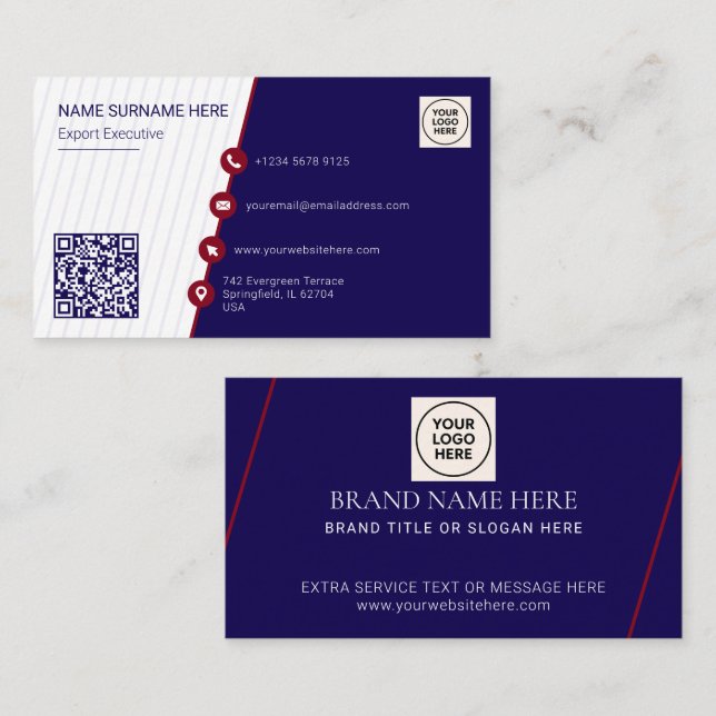 Navy Simple Formal QR Code Professional Modern Business Card (Front/Back)