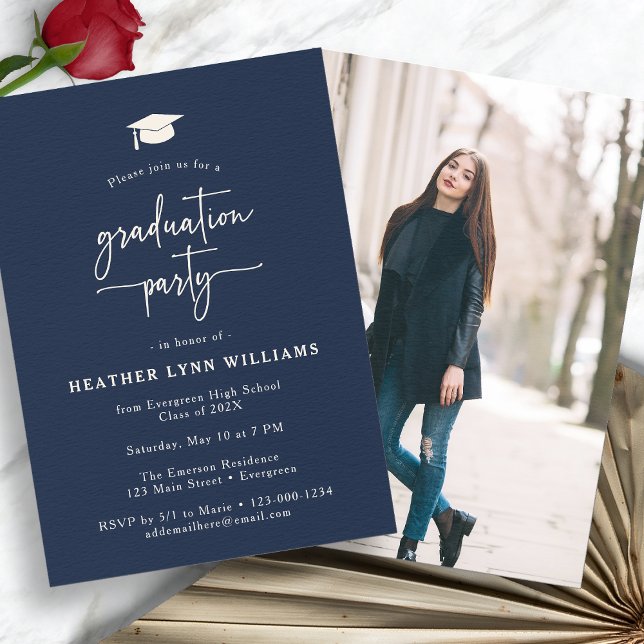 Navy Simple Graduation Invitation (Navy Blue Simple Photo Graduation Party Invitation by Painted Paperie
)