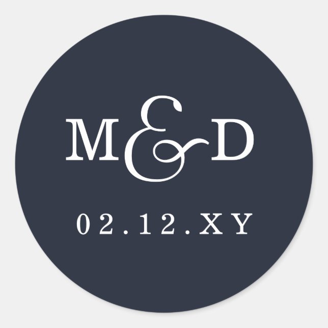 Navy Simple Modern Monogram Wedding Classic Round Sticker (Front)