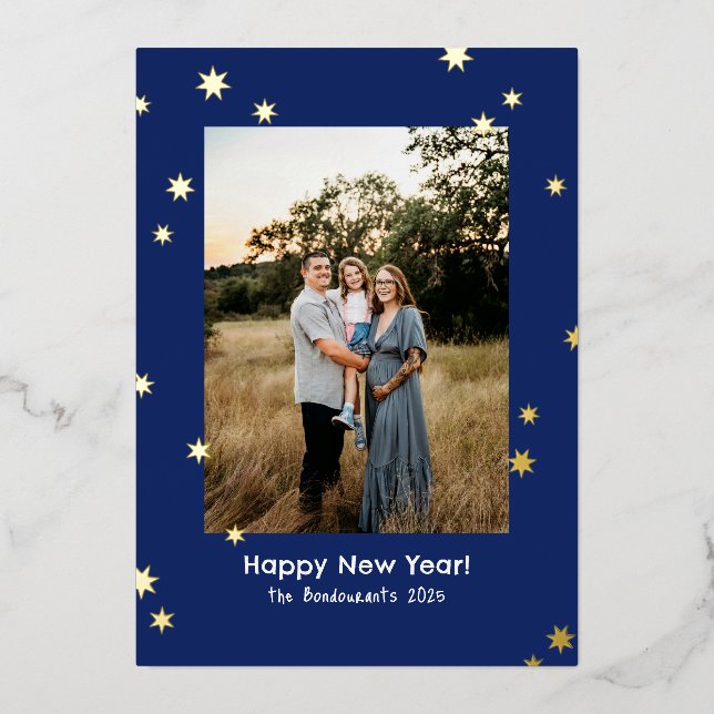 Navy Simple Shiny Stars One Photo Happy New Year Foil Holiday Card (Front)