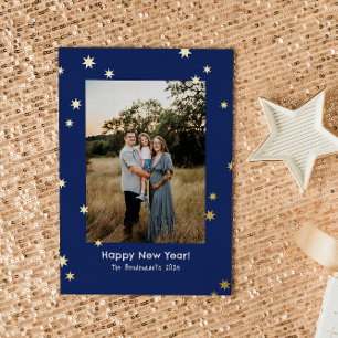 Navy Simple Shiny Stars One Photo Happy New Year Foil Holiday Card
