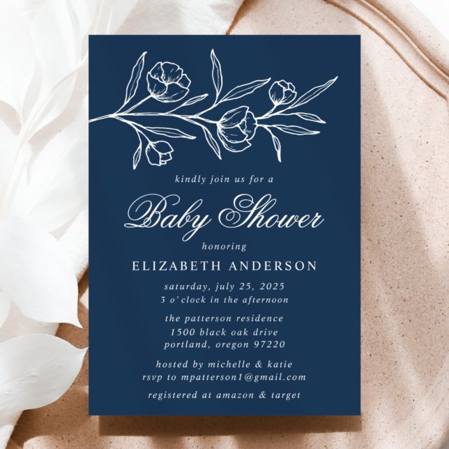 Navy Sketched Floral Baby Shower Invitation (Creator Uploaded)
