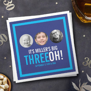 Navy sky blue 30th Three OH! photo birthday Napkin