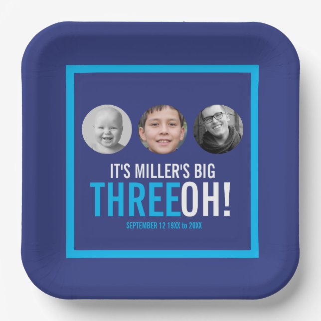 Navy sky blue 30th Three OH! photo birthday  Paper Plate (Front)