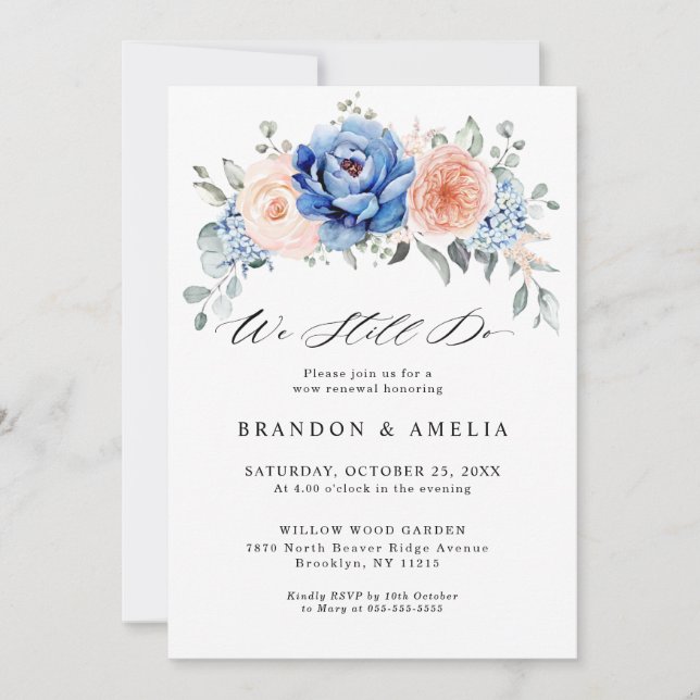 Navy Slate Dusty Blush Pink Floral We still do Invitation (Front)