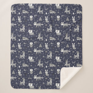 Navy Sleepy Woodland Critters Gender Neutral Sherpa Blanket