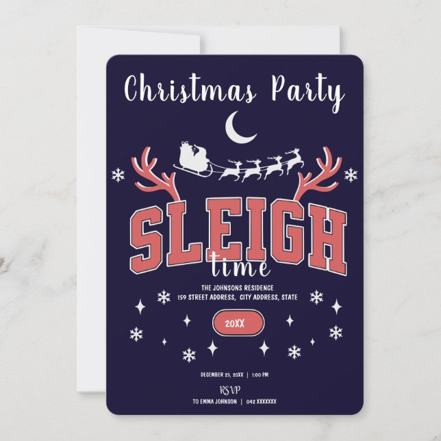 Navy Sleigh Time Christmas Part Invitation (Front)