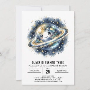 Navy Smiling Planet Birthday Invitation
