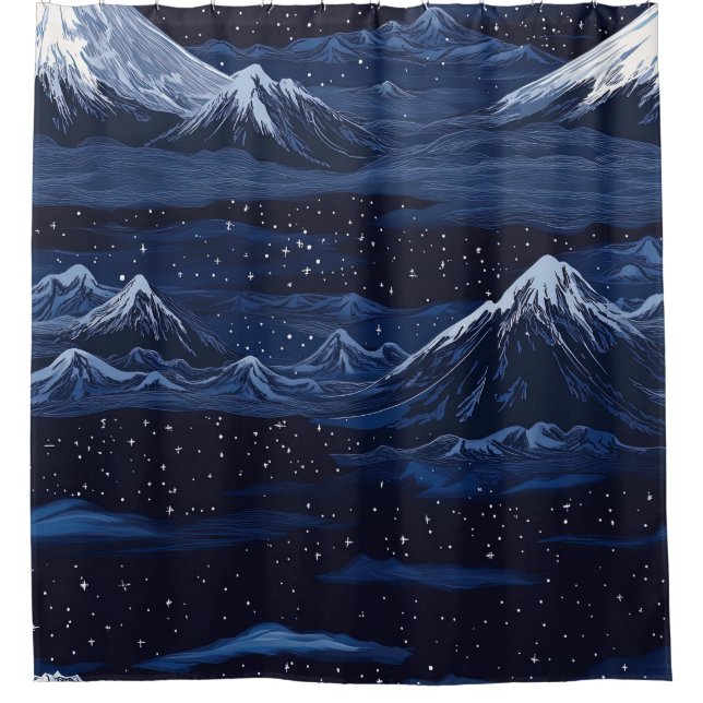 Navy Snow Mountain Starry Night Landscape Pattern Shower Curtain (Front)