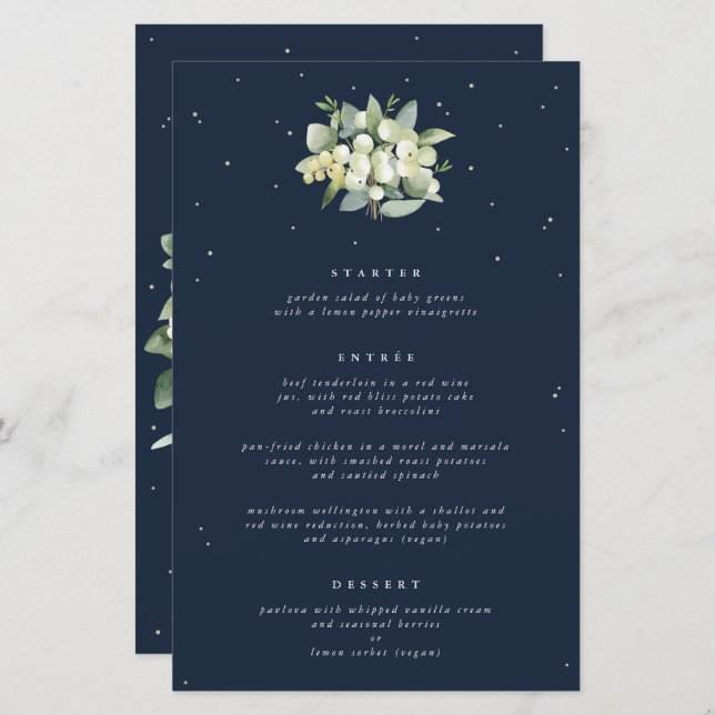 Navy Snowberry+Eucalyptus 3 Course Wedding Menu (Front/Back)