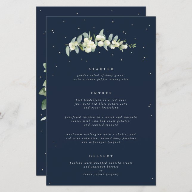 Navy Snowberry+Eucalyptus 3 Course Wedding Menu (Front/Back)