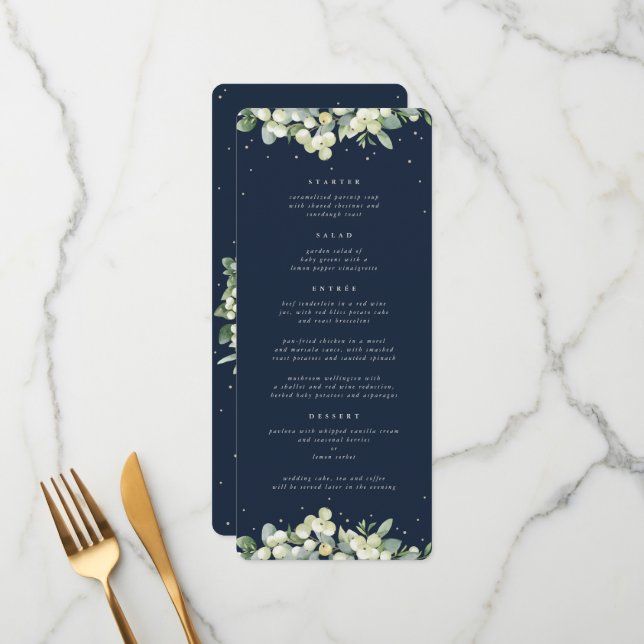 Navy Snowberry+Eucalyptus 4 Course Wedding Flat Menu (Front/Back In Situ)
