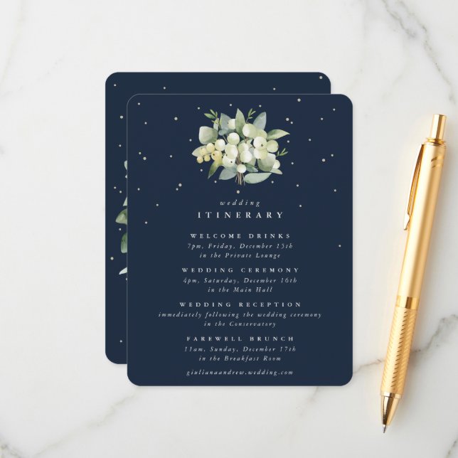 Navy Snowberry+Eucalyptus Bouquet Itinerary Enclosure Card (Front/Back In Situ)