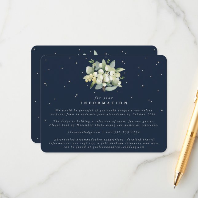 Navy Snowberry+Eucalyptus Bouquet Wedding Info Enclosure Card (Front/Back In Situ)