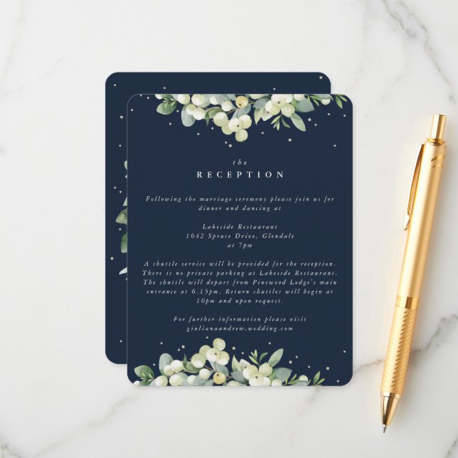 Navy Snowberry+Eucalyptus Edged Wedding Reception Enclosure Card (Front/Back In Situ)